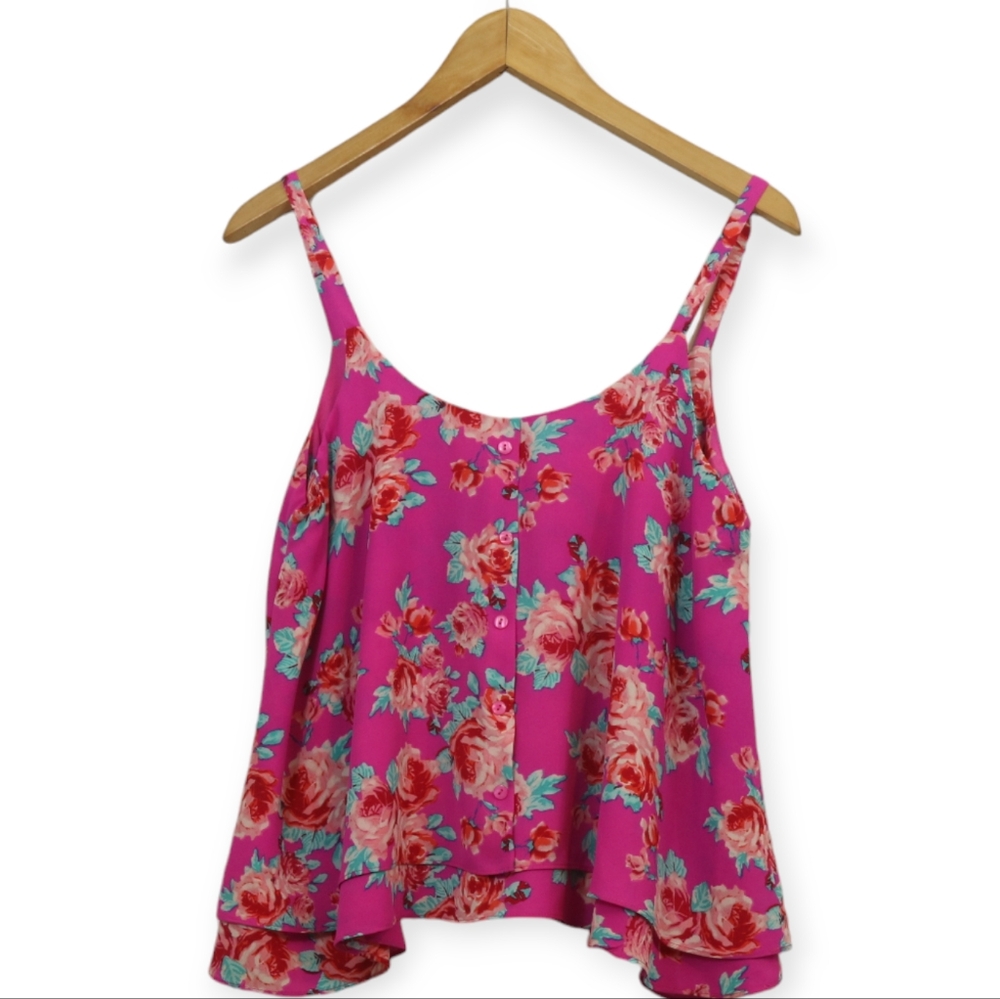 Anthro Paper Crane Chiffon Pink Floral Faux Button Tiered Cami Top